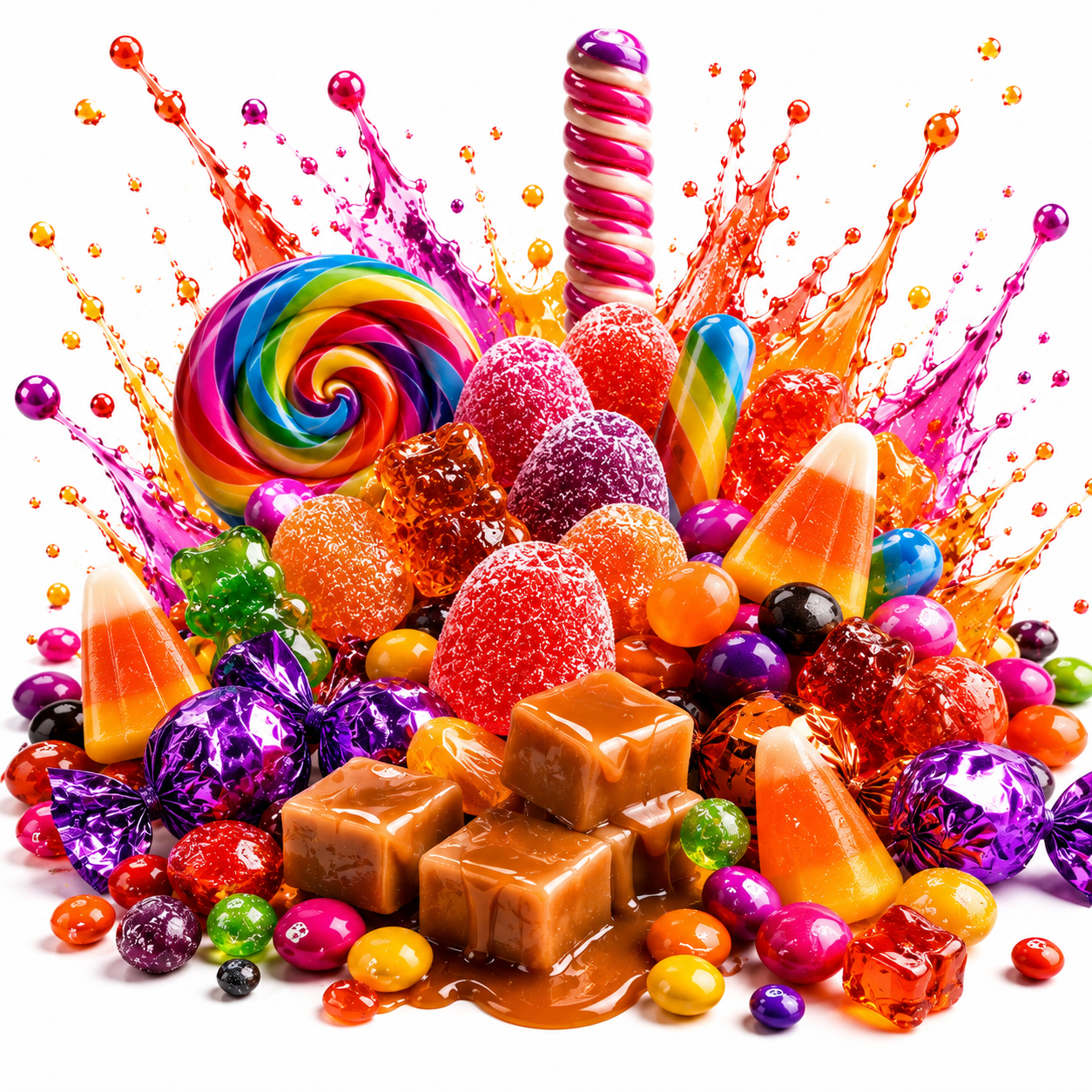 A vibrant assortment of colorful candies and sweets arranged in a dramatic burst, including a rainbow swirl lollipop, wrapped chocolates, gummy candies, candy corn, and caramel pieces on a clean white background.