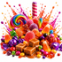 A vibrant assortment of colorful candies and sweets arranged in a dramatic burst, including a rainbow swirl lollipop, wrapped chocolates, gummy candies, candy corn, and caramel pieces on a clean white background.
