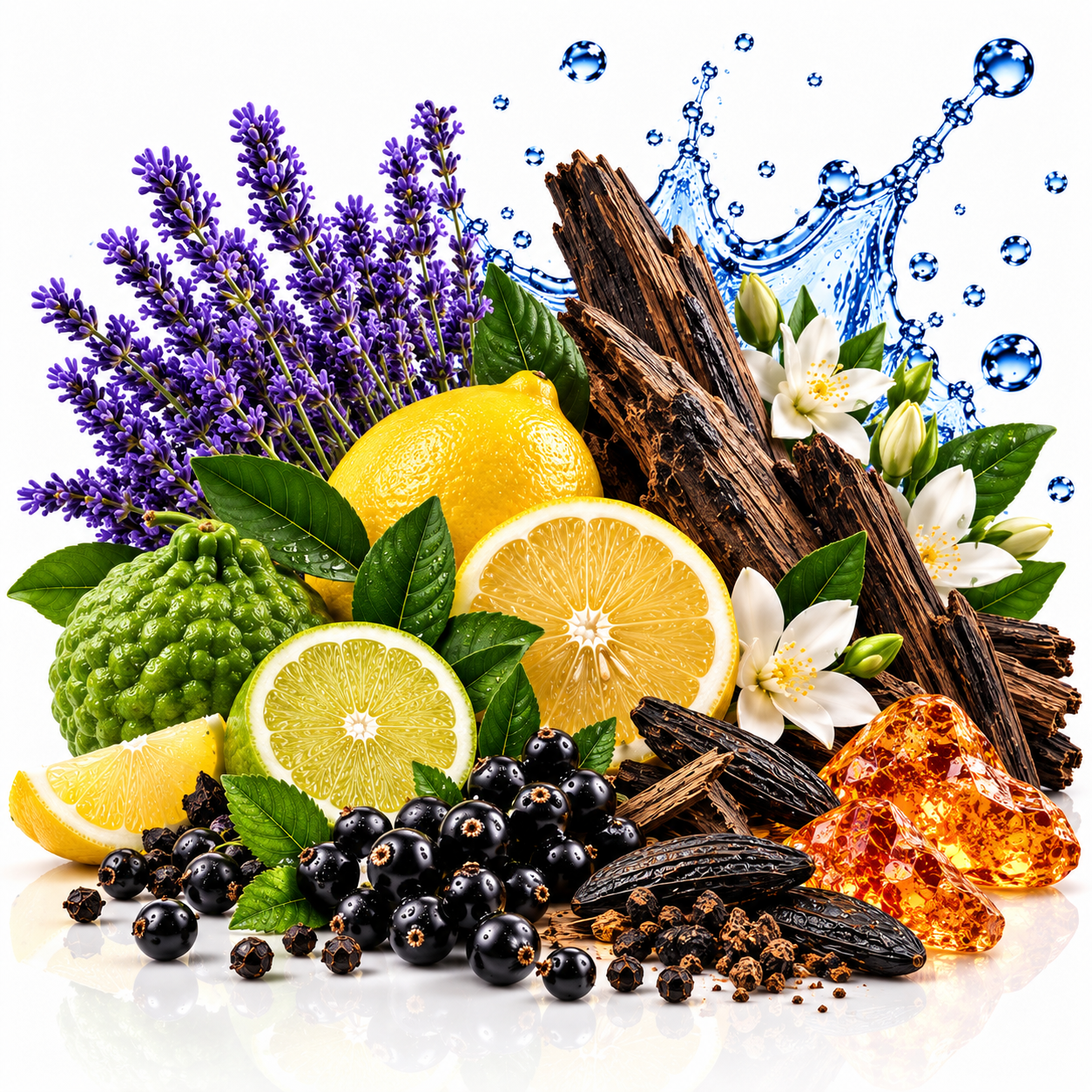 A styled arrangement of natural fragrance ingredients on a white background, including purple lavender sprigs, yellow lemons, green kumquats, dark vanilla pods, black berries, white blossoms, and amber resin crystals, with a blue water splash graphic behind them.