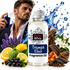A bottle of Fizzy Whiz Triumph Elixir Fragrance Oil centered in the foreground, surrounded by fragrance-themed props including citrus slices, lavender, vanilla pods, berries, wood bark, and a splash of blue water. A man in a dark blazer is partially visible in the background holding a perfume spray bottle.