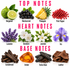 A fragrance notes chart on a white background, divided into Top Notes, Heart Notes, and Base Notes. Each note is labeled with a botanical or material name and shown with a small photo: bergamot, blackcurrant, pineapple, pink pepper, lavender, geranium, jasmine, iris, sandalwood, amber, tonka bean, and leather.
