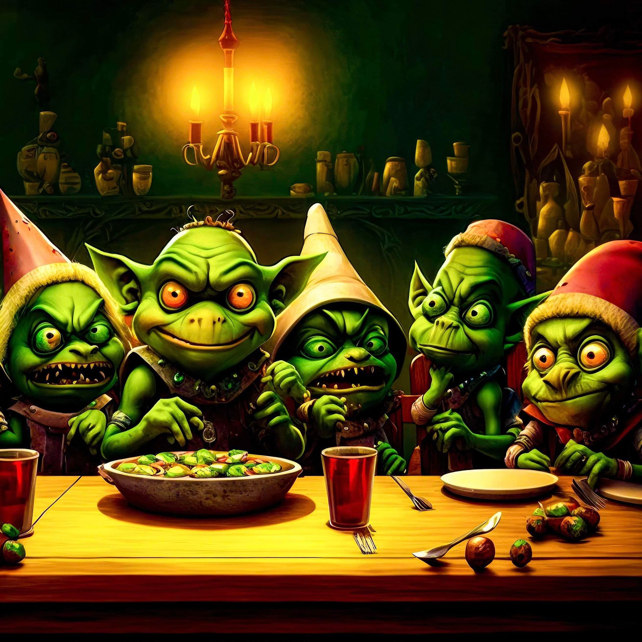 A colorful illustration of fantasy green trolls sitting around a table, enjoying a meal in a dimly lit, ornate room.