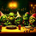 A colorful illustration of fantasy green trolls sitting around a table, enjoying a meal in a dimly lit, ornate room.