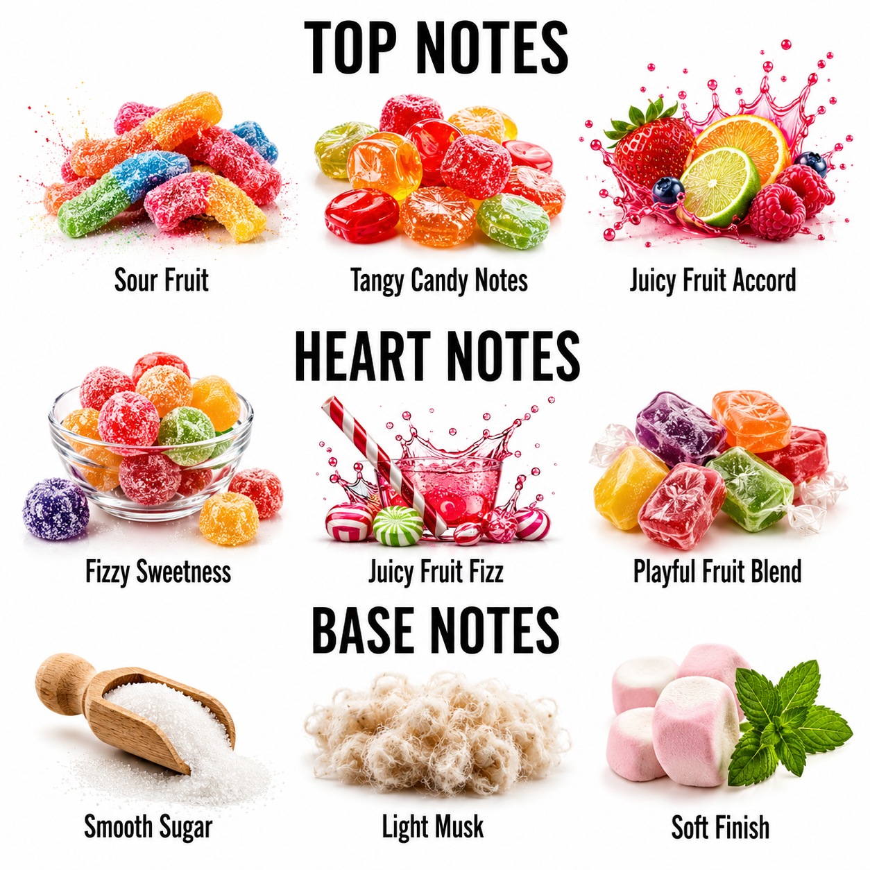 A flavor profile infographic for a candy product, titled 'TOP NOTES' and 'HEART NOTES' with 'BASE NOTES' below. It shows colorful gummy candies and flavor illustrations labeled 'Sour Fruit', 'Tangy Candy Notes', 'Juicy Fruit Accord', 'Fizzy Sweetness', 'Juicy Fruit Fizz', 'Playful Fruit Blend', 'Smooth Sugar', 'Light Musk', and 'Soft Finish' on a white background.
