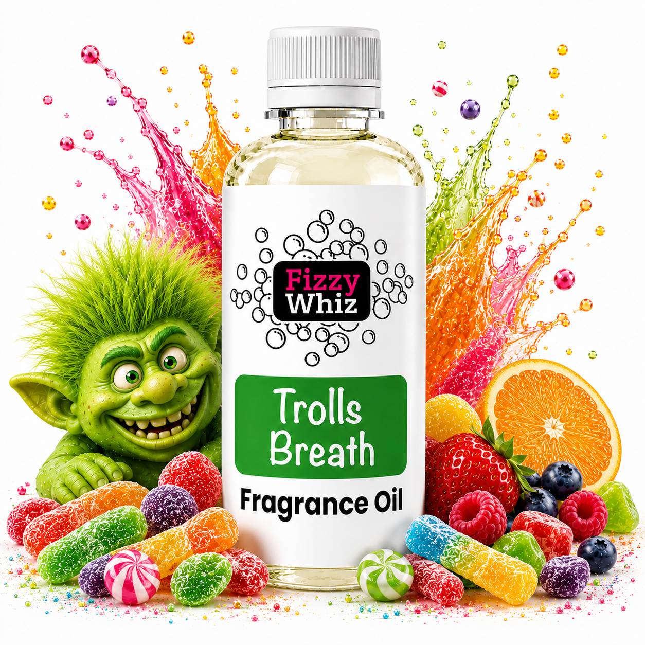 A bottle of Fizzy Whiz Trolls Breath Fragrance Oil centered on a white background, surrounded by colorful candy, fruit, and a green goblin character with a bright pink and orange splash effect behind it.