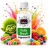 A bottle of Fizzy Whiz Trolls Breath Fragrance Oil centered on a white background, surrounded by colorful candy, fruit, and a green goblin character with a bright pink and orange splash effect behind it.