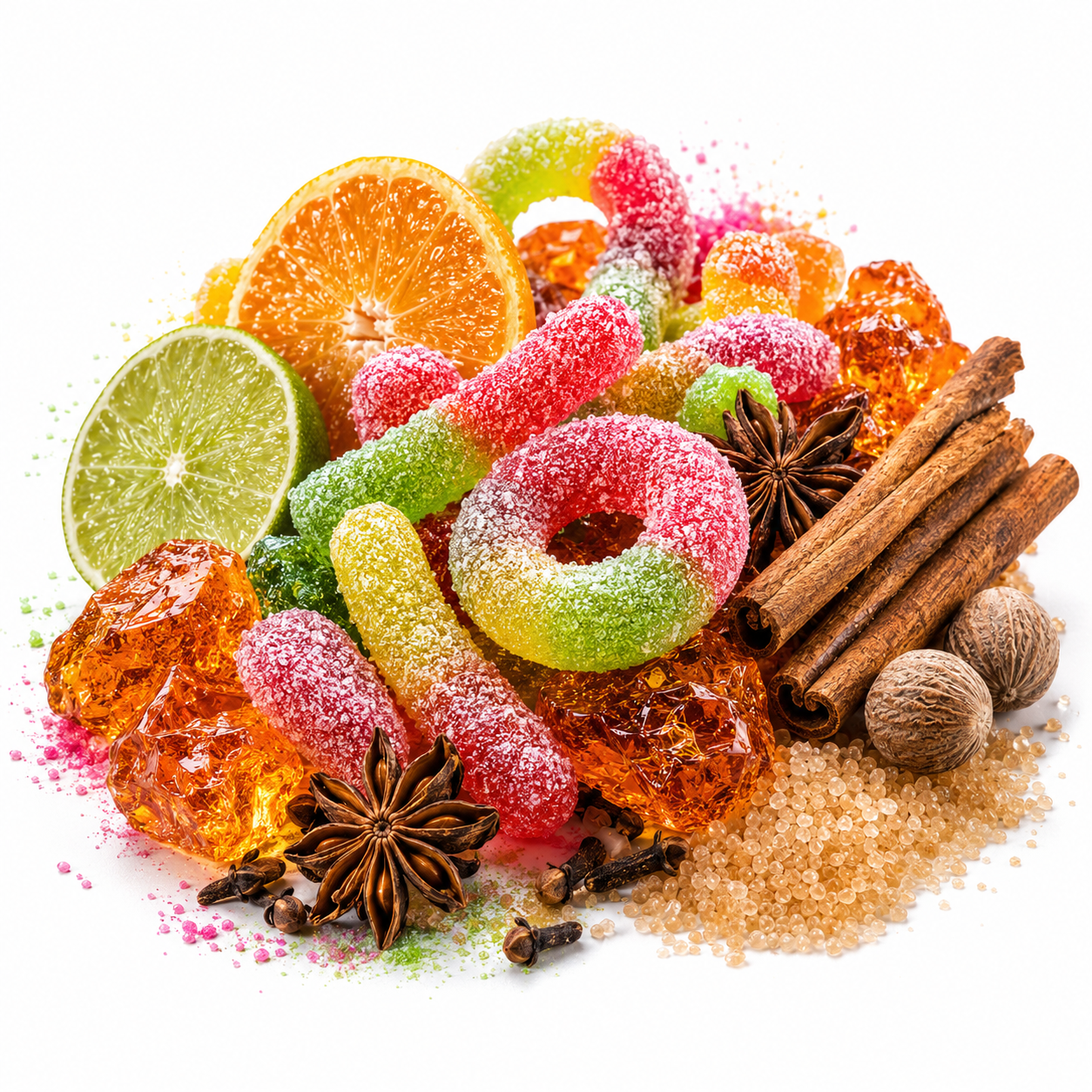 A colorful assortment of candy and spices arranged on a white background, including pink and green sour gummy worms, orange and lime slices, cinnamon sticks, star anise, cloves, brown sugar, and translucent amber sugar cubes.