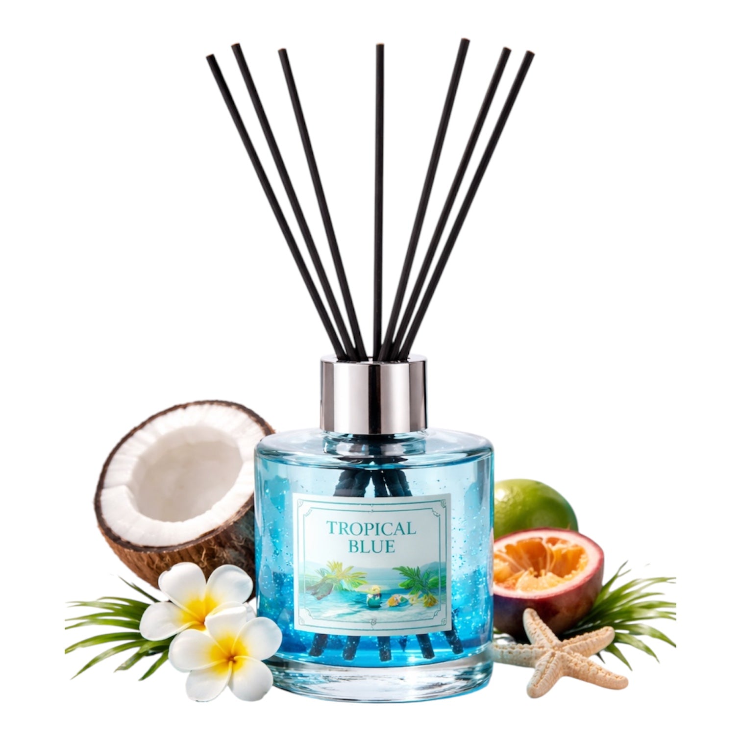 Reed diffuser labeled 'Tropical Blue' with coconut, fruit, and flower elements on a white background