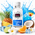 A bottle of Fizzy Whiz Tropical Blue Fragrance Oil centered against a white background with a blue splash graphic. The bottle is surrounded by tropical ingredients including a pineapple, lime, orange slice, coconut, and white flowers.