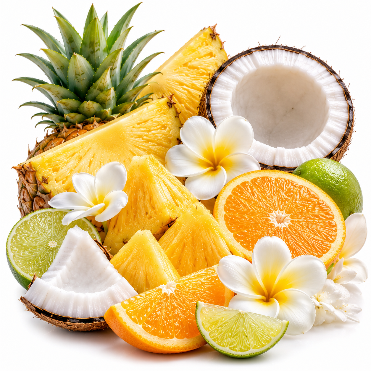 A tropical fruit arrangement on a white background featuring pineapple slices and the whole pineapple top, a halved coconut, orange wedges, lime slices, and white-and-yellow plumeria flowers.