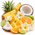 A tropical fruit arrangement on a white background featuring pineapple slices and the whole pineapple top, a halved coconut, orange wedges, lime slices, and white-and-yellow plumeria flowers.
