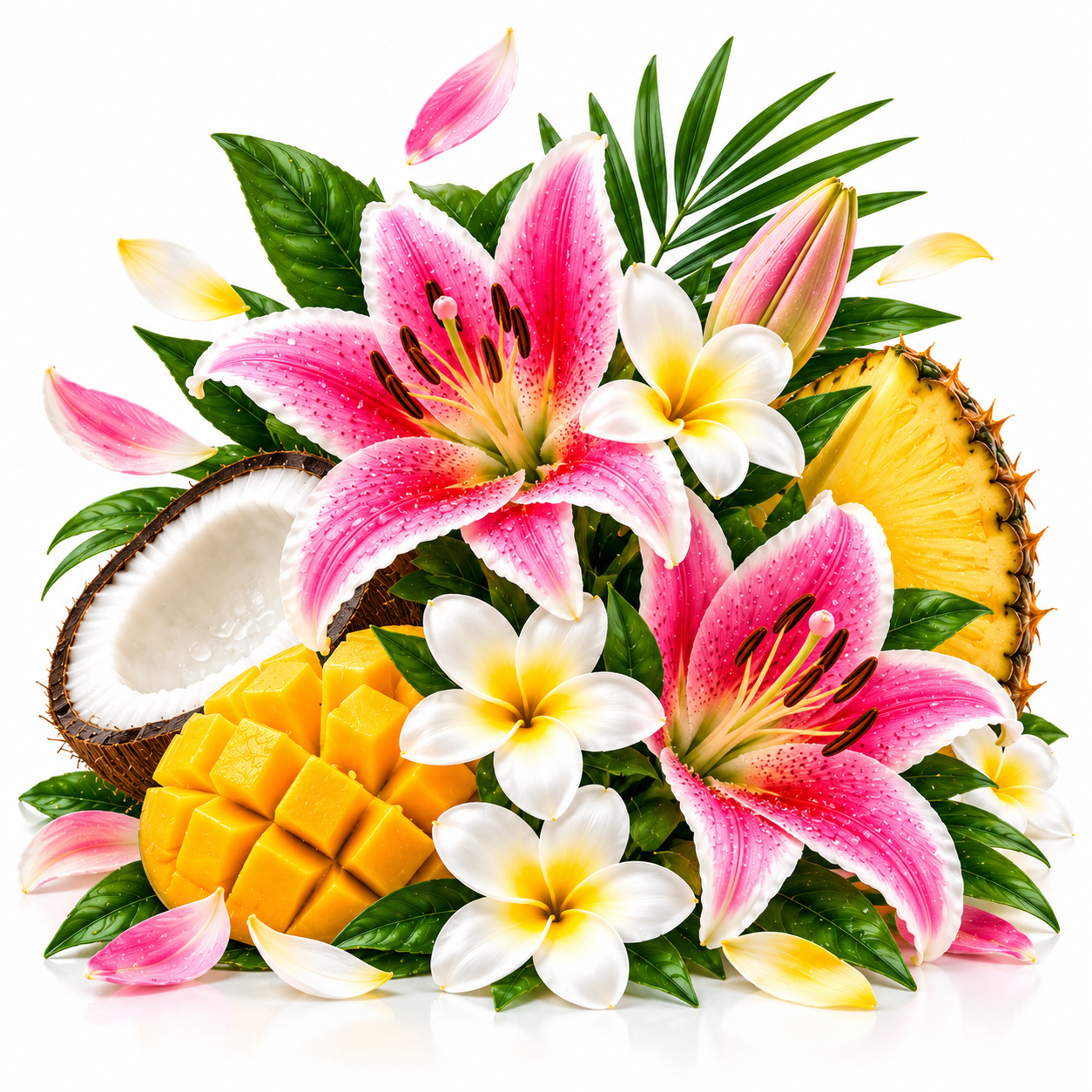 A tropical floral arrangement featuring bright pink and white lilies, plumeria flowers, sliced mango, a halved coconut, pineapple, and green leaves on a white background.