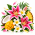 A tropical floral arrangement featuring bright pink and white lilies, plumeria flowers, sliced mango, a halved coconut, pineapple, and green leaves on a white background.