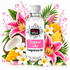 A bottle of Fizzy Whiz Tropical Lily Fragrance Oil centered on a white background, surrounded by tropical flowers, leaves, a coconut half, mango pieces, and water droplets. The bottle has a white cap and a white label with pink and black text.