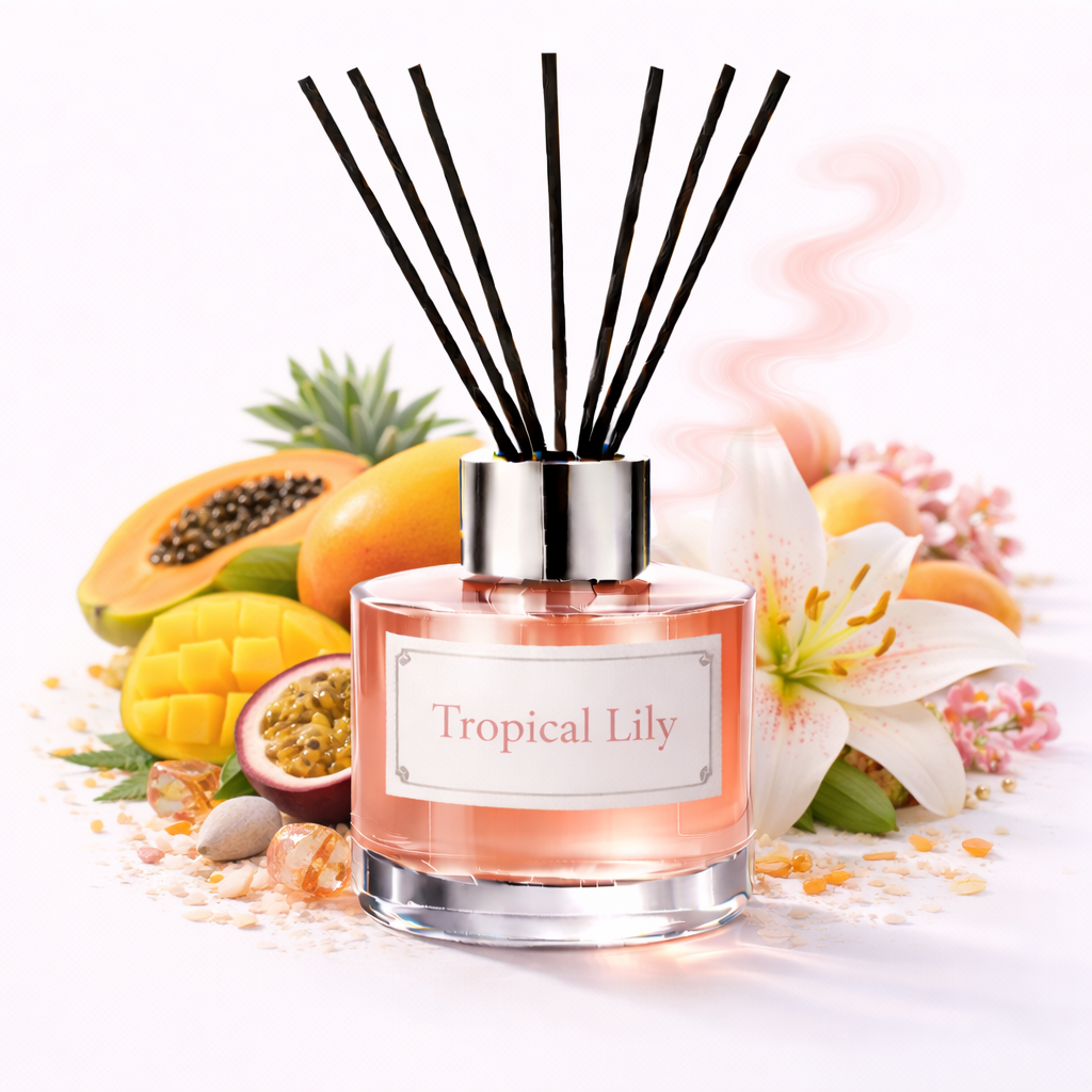 Diffuser labeled 'Tropical Lily' with fruits and flowers on a white background