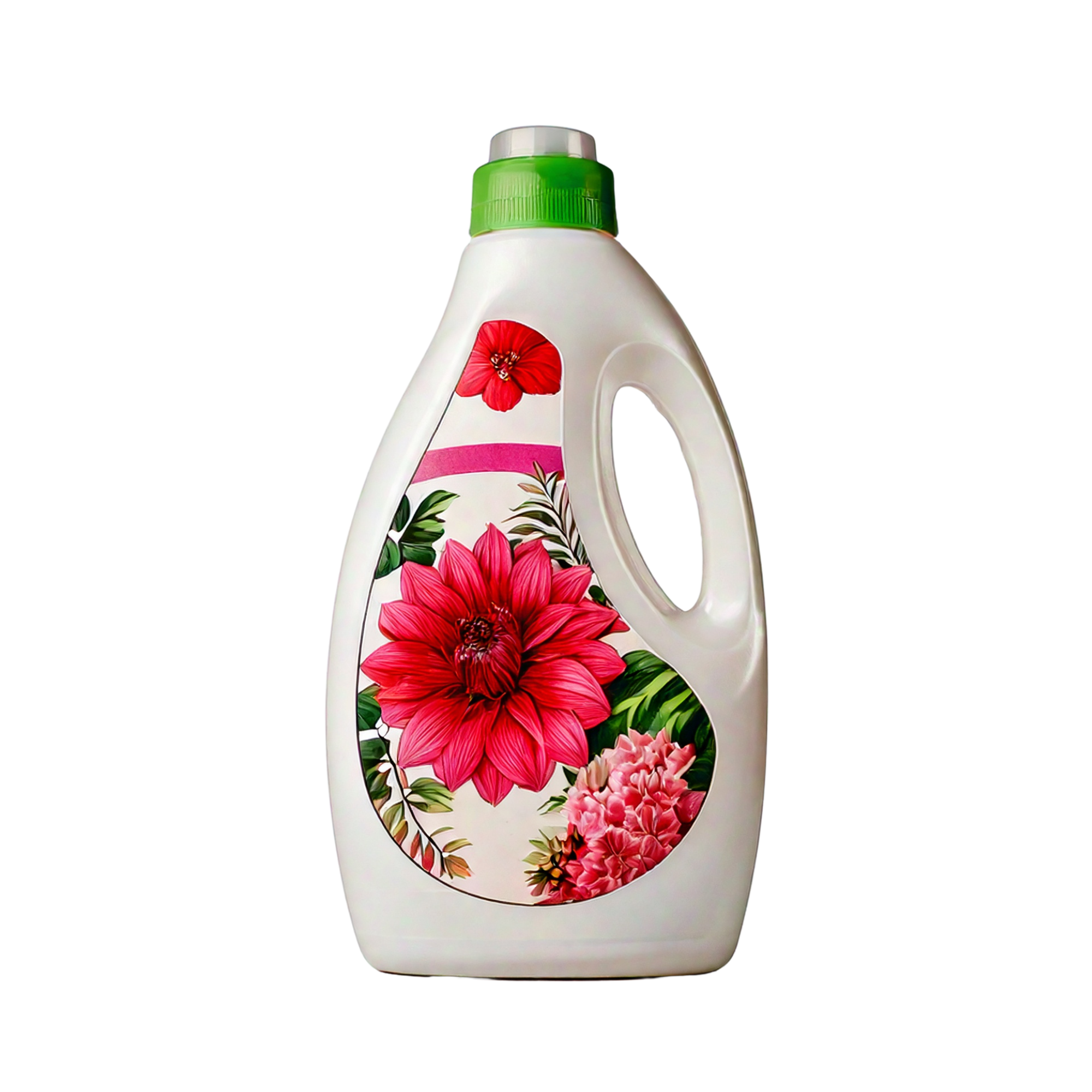 White plastic detergent-style bottle with green screw cap, built-in handle, and pink floral label, shown upright on a light background.