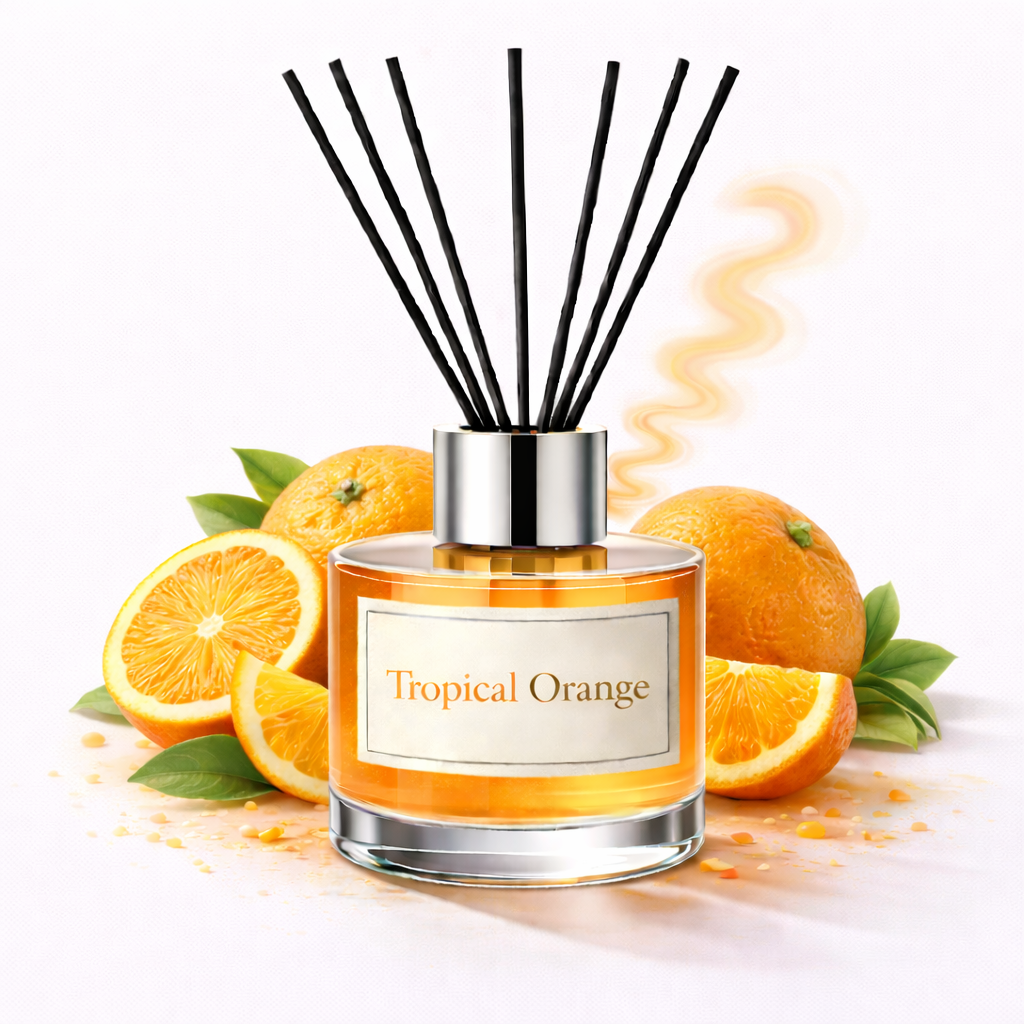 Reed diffuser labeled 'Tropical Orange' with oranges and leaves on a white background