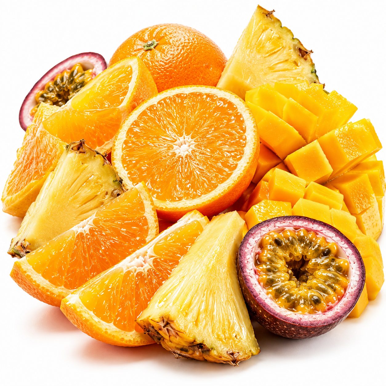 A colorful assortment of fresh tropical fruits, including sliced oranges, diced mango, pineapple wedges, and halved passion fruit, arranged on a clean white background.