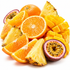 A colorful assortment of fresh tropical fruits, including sliced oranges, diced mango, pineapple wedges, and halved passion fruit, arranged on a clean white background.