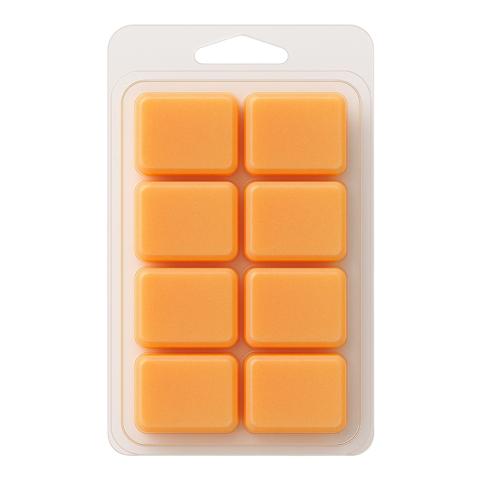 Pack of orange wax melts in a clear plastic mold on a white background