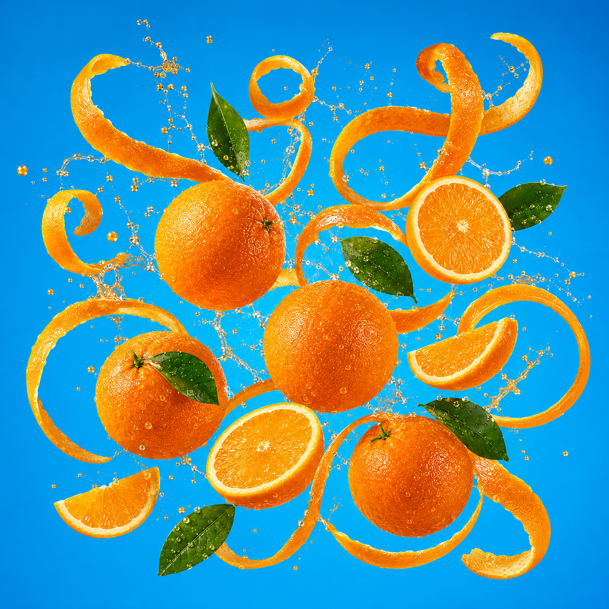 Fresh oranges with green leaves and sliced halves, arranged with curled orange peels and splashing droplets on a bright blue background.