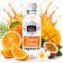 A bottle of Fizzy Whiz Tropical Orange Fragrance Oil centered on a white background, surrounded by sliced oranges, a mango, a halved passion fruit, a white flower, and orange juice splashes. The bottle label reads 'Fizzy Whiz' and 'Tropical Orange Fragrance Oil.