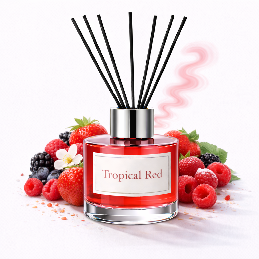Red diffuser bottle labeled 'Tropical Red' with black sticks surrounded by fruits on a white background