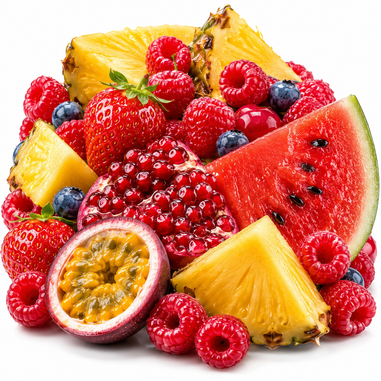 A colorful assortment of fresh fruits including pineapple slices, watermelon, strawberries, raspberries, blueberries, pomegranate, and a halved passion fruit on a white background.