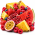A colorful assortment of fresh fruits including pineapple slices, watermelon, strawberries, raspberries, blueberries, pomegranate, and a halved passion fruit on a white background.