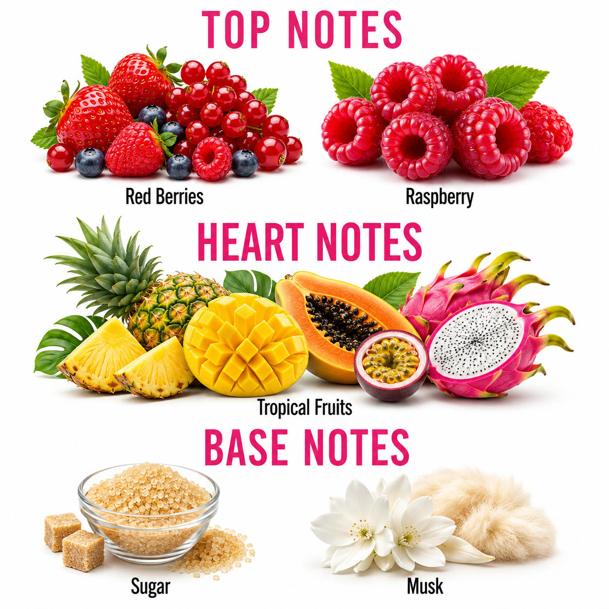 A fragrance notes graphic on a white background with pink headings reading TOP NOTES, HEART NOTES, and BASE NOTES. Top notes show red berries and raspberry clusters labeled 'Red Berries' and 'Raspberry.