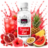 A bottle of Fizzy Whiz Tropical Red Fragrance Oil centered on a white background, surrounded by fruit and a glass of red drink that splashes upward. Visible fruits include pineapple, watermelon, passion fruit, raspberries, strawberry, and hibiscus flower.