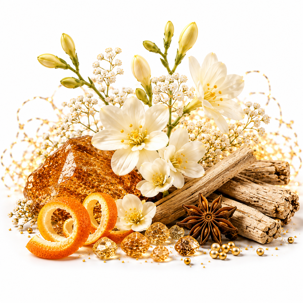 A styled still life of white flowers, orange peel slices, cinnamon sticks, star anise, and gold beads arranged around a large amber honeycomb block on a clean white background.