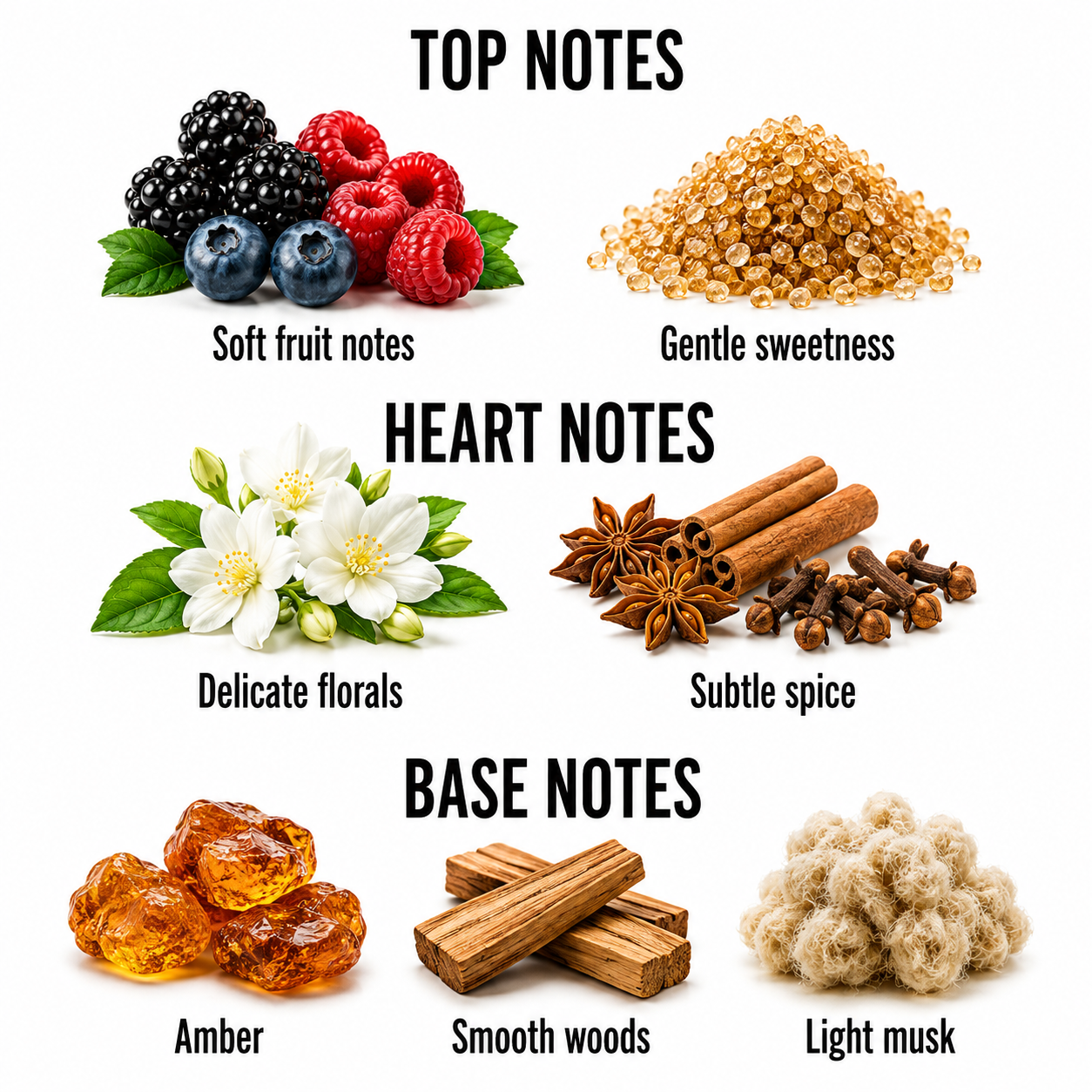 A fragrance notes infographic on a white background, labeled 'TOP NOTES', 'HEART NOTES', and 'BASE NOTES'. Top notes show blackberries, blueberries, raspberries, and a pile of amber crystals with text reading 'Soft fruit notes' and 'Gentle sweetness'.