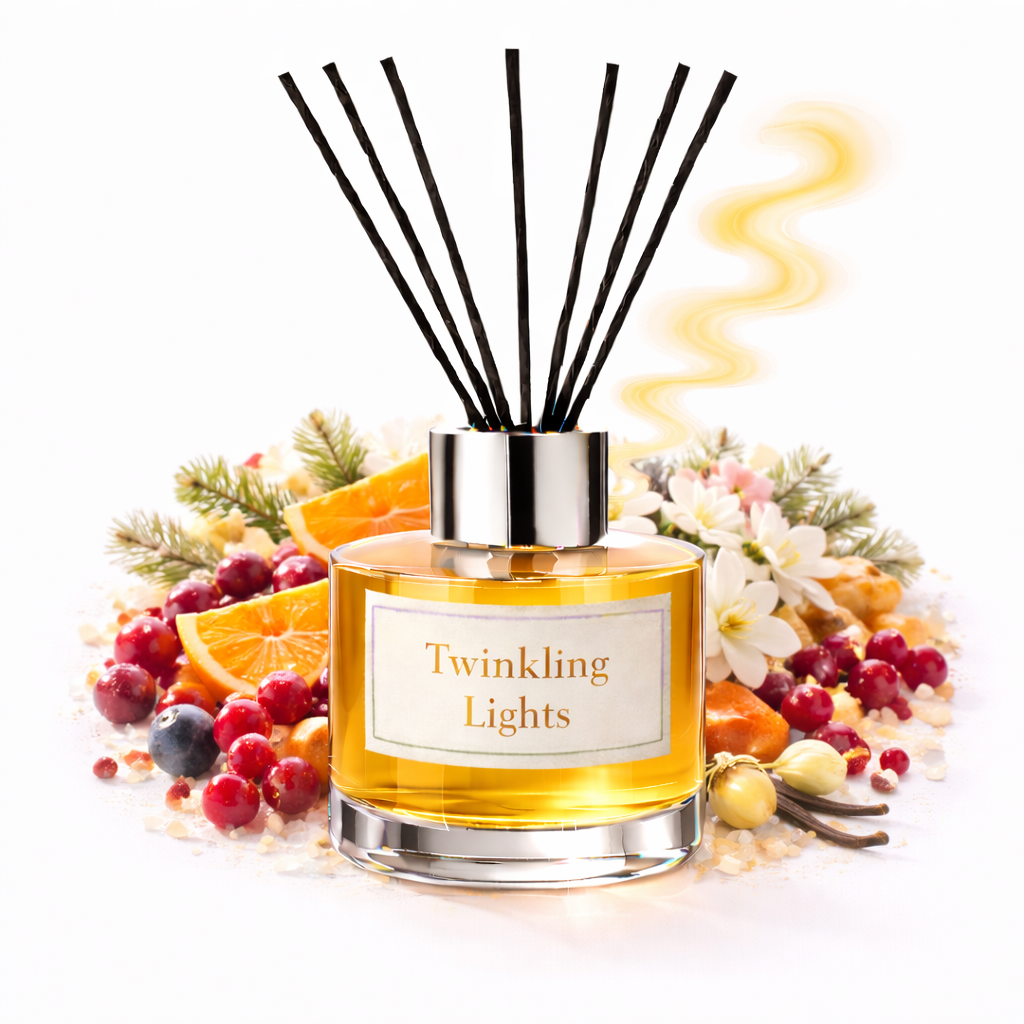 Diffuser bottle labeled 'Twinkling Lights' with decorative elements on a white background