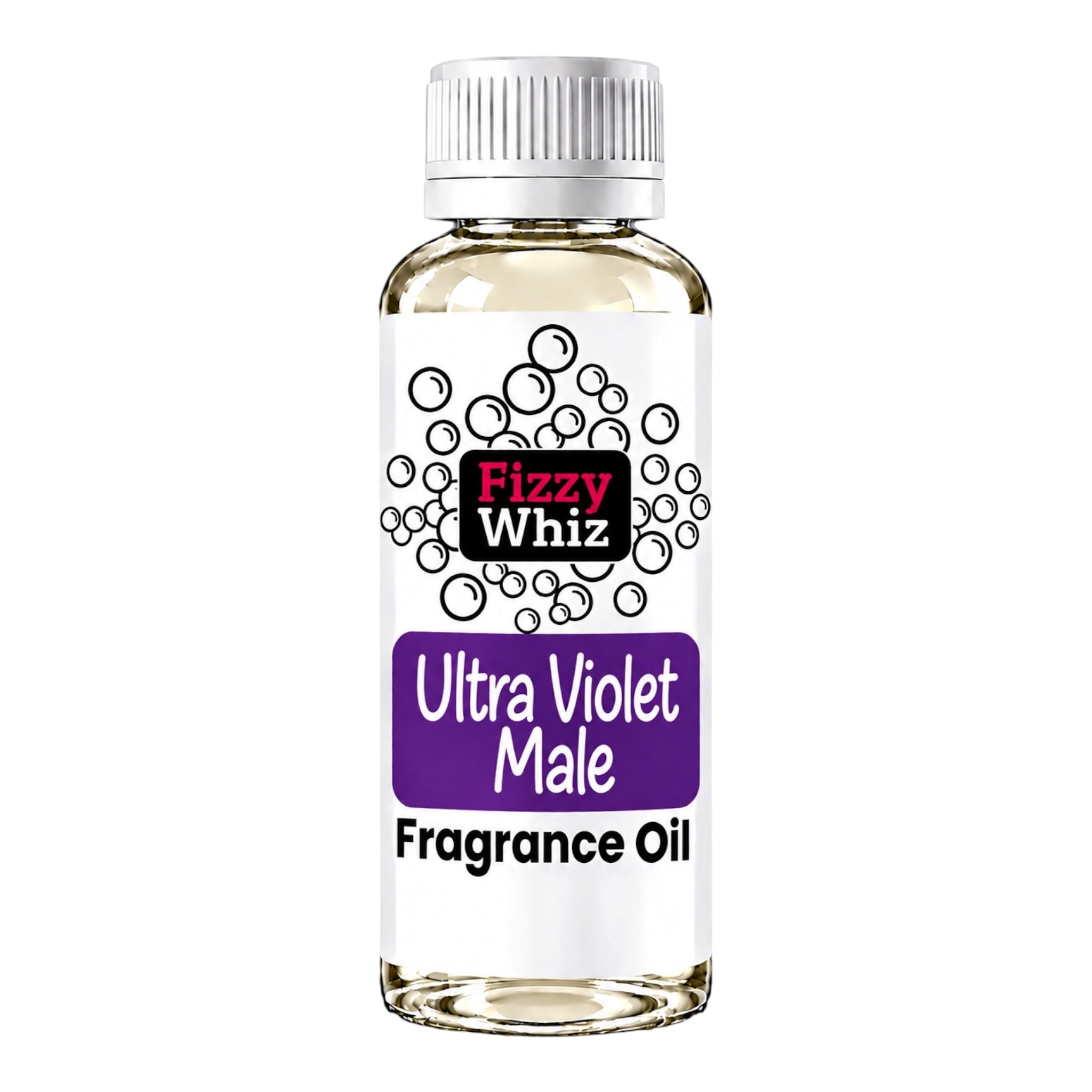A bottle of Fizzy Whiz Ultra Violet Male Fragrance Oil, containing a pale yellow liquid, with a white cap and a white label featuring purple and black graphics.