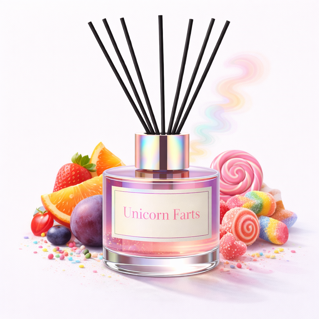 Reed diffuser labeled 'Unicorn Farts' with colorful candies and fruits on a white background