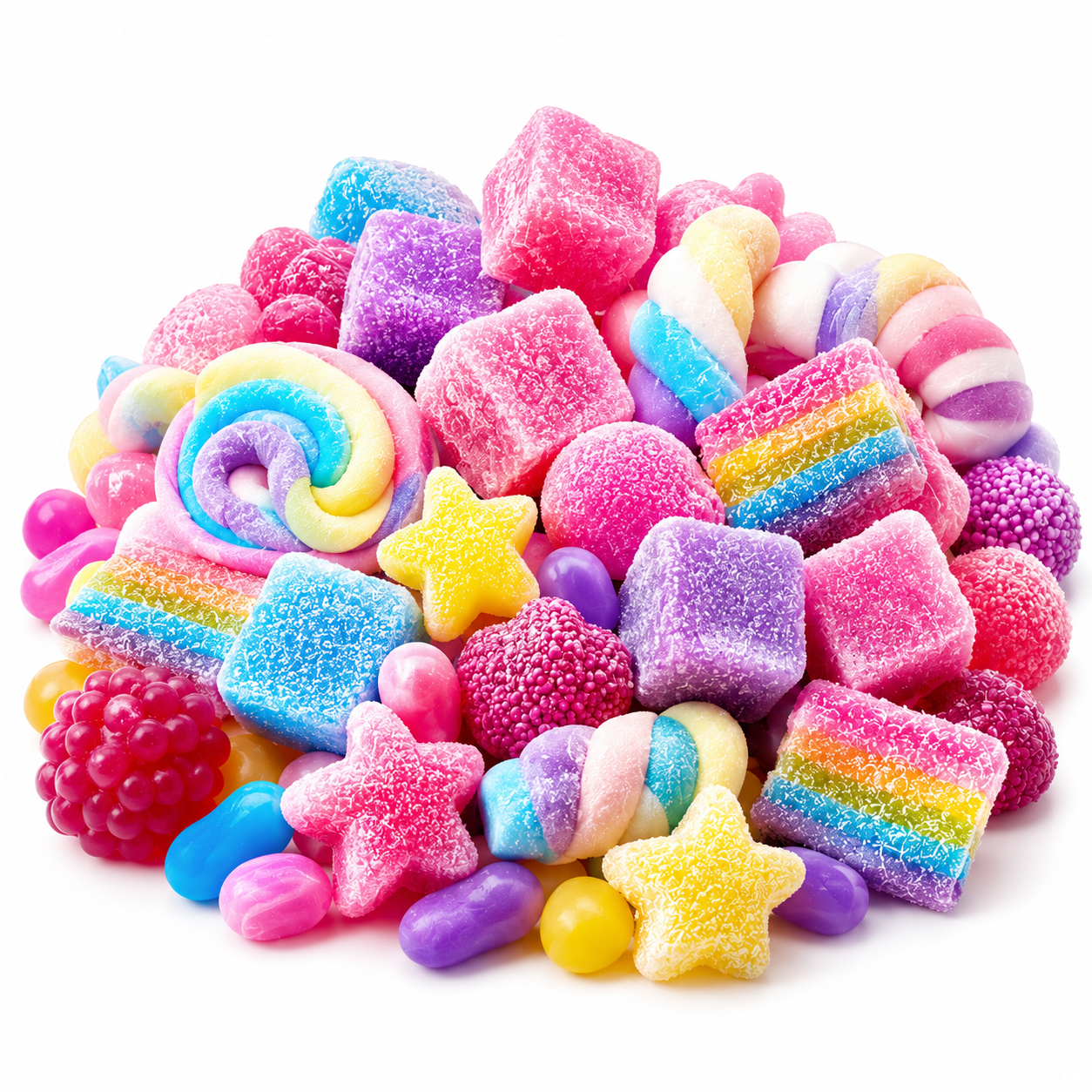 A pile of colorful, sugar-coated candies on a white background, including rainbow-striped gummy candies, pink and purple cubes, star-shaped gummies, jelly beans, and a raspberry.