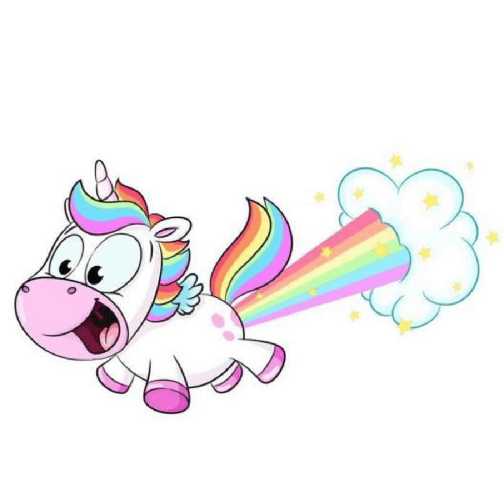 A colorful illustration of a cartoon unicorn with a rainbow mane and tail, emitting a rainbow from its mouth.