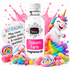Unicorn Farts Fragrance Oil surrounded by colourful rainbow sweets, fizzy sugar-coated candies and marshmallows, with a playful rainbow unicorn and bright pink fragrance splash on a clean white background.