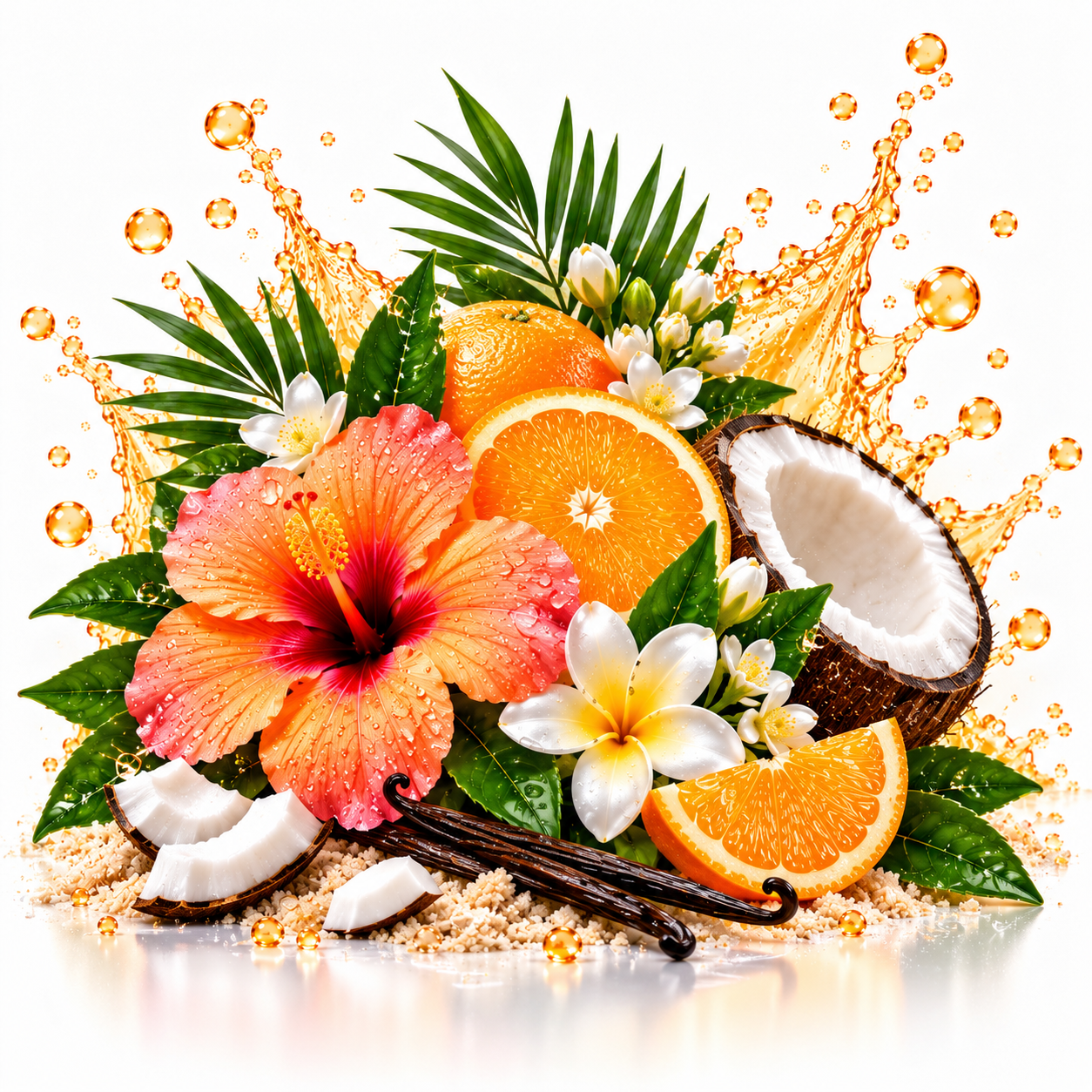 A tropical beach-themed graphic arrangement featuring sliced oranges, a whole coconut, a hibiscus flower, plumeria flowers, green palm leaves, vanilla beans, and coconut shells on a white background with orange liquid splashes.