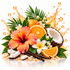 A tropical beach-themed graphic arrangement featuring sliced oranges, a whole coconut, a hibiscus flower, plumeria flowers, green palm leaves, vanilla beans, and coconut shells on a white background with orange liquid splashes.