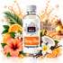 A bottle of Fizzy Whiz 'Vacay Vibes' fragrance oil centered against a bright tropical beach scene backdrop with oranges, flowers, palm leaves, and a wooden sign reading 'Vacay Vibes'.
