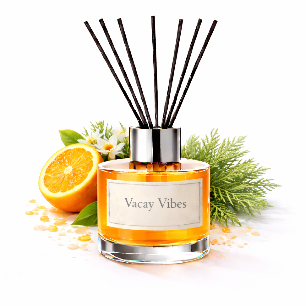 Reed diffuser labeled 'Vacay Vibes' with an orange and greenery on a white background