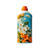 Tall blue plastic bottle with red cap, featuring a decorative floral design of white and orange flowers on the front, displayed upright on a light background.