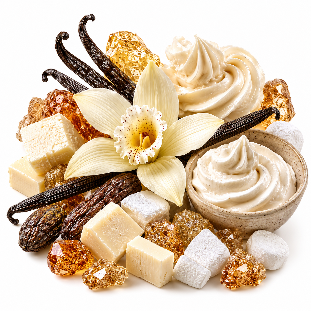 A styled food arrangement on a white background featuring vanilla cream swirls in a small bowl, vanilla beans, a vanilla flower, cubed butter, powdered sugar, and amber and white sugar crystals.