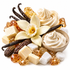 A styled food arrangement on a white background featuring vanilla cream swirls in a small bowl, vanilla beans, a vanilla flower, cubed butter, powdered sugar, and amber and white sugar crystals.