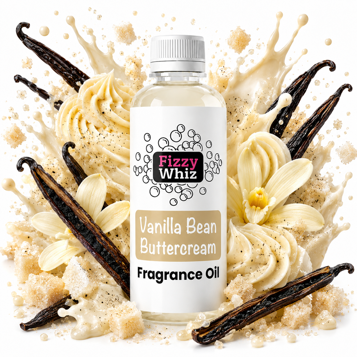 FizzyWhiz Vanilla Bean Buttercream fragrance oil bottle surrounded by creamy vanilla buttercream swirls, vanilla flowers, vanilla pods and golden sugar crystals on a clean white background.
