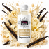 FizzyWhiz Vanilla Bean Buttercream fragrance oil bottle surrounded by creamy vanilla buttercream swirls, vanilla flowers, vanilla pods and golden sugar crystals on a clean white background.