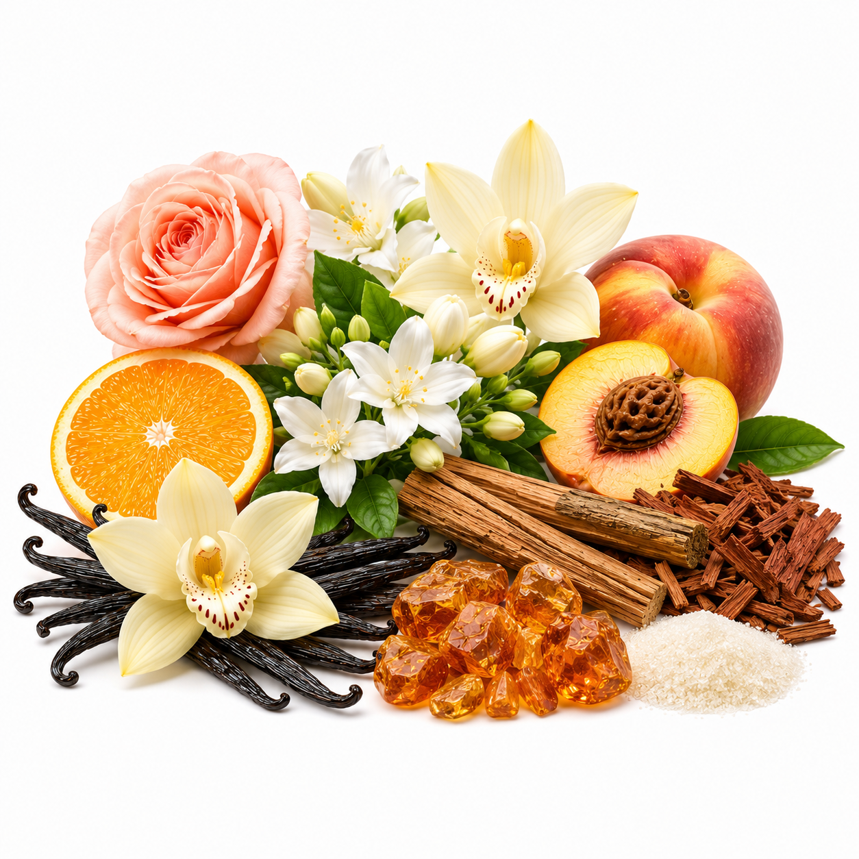 A styled arrangement of fragrance ingredients on a white background, including a peach rose, white orchids, a sliced orange, a peach, vanilla beans, cinnamon sticks, amber crystals, and white sugar.