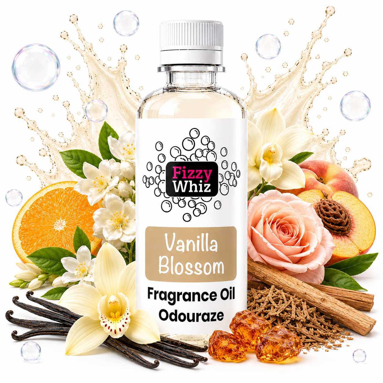A bottle of Fizzy Whiz Vanilla Blossom fragrance oil centered on a white background, surrounded by illustrated and photographed scent ingredients including vanilla beans, white orchids, a peach, orange slices, cinnamon sticks, and amber droplets.